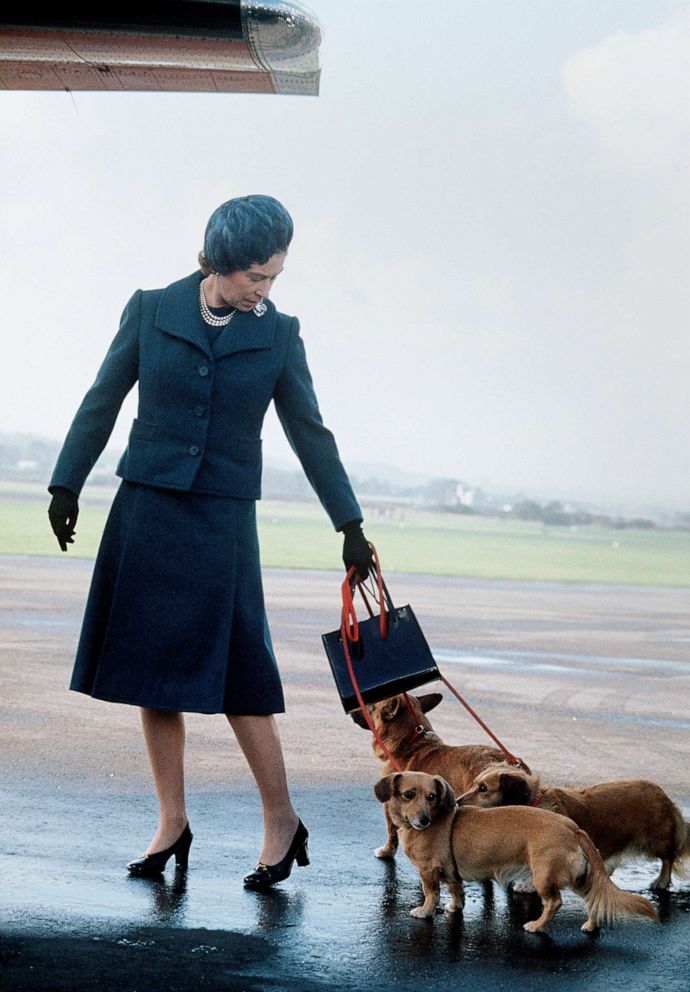 PHOTO: Queen Elizabeth ll arrives at Aberdeen Airport with her corgis to start her holidays in Balmoral, Scotland in 1974.