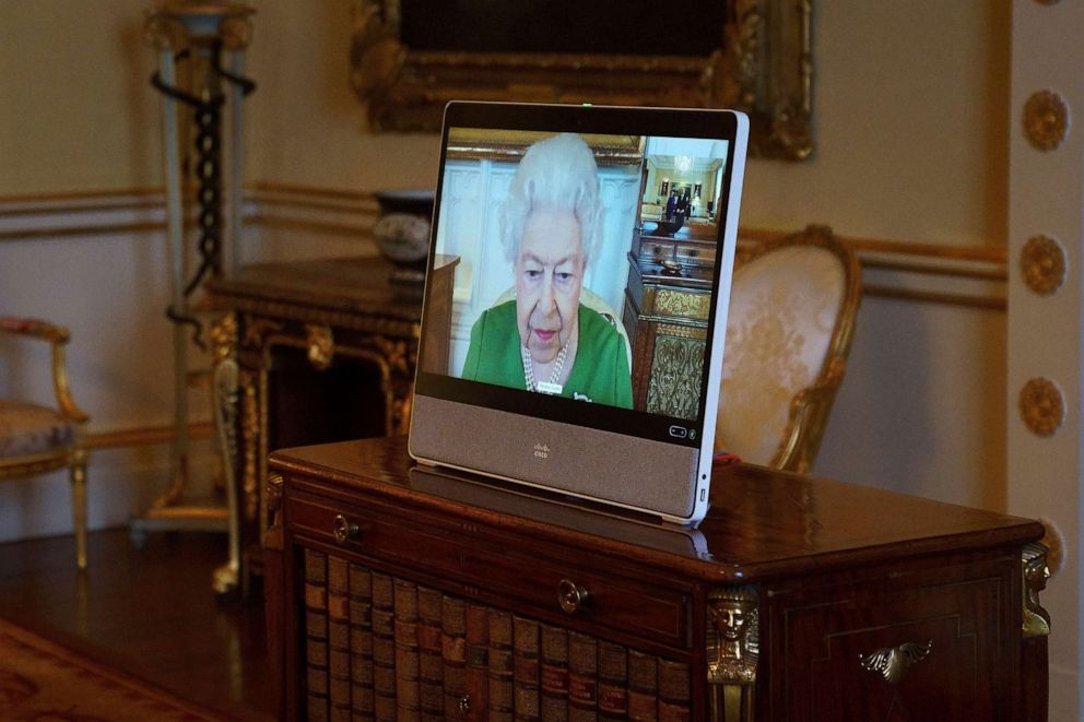PHOTO: Britain's Queen Elizabeth II appears on a screen via videolink from Windsor Castle, where she is in residence, during a virtual audience to receive the Ambassador of Andorra, Carles Jordana Madero at Buckingham Palace, London, March 1, 2022.