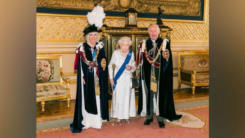 PHOTO: This photo issued by Buckingham Palace, shows Britain's Queen Elizabeth II, Prince Charles and Camilla, Duchess of Cornwall, left, at Windsor Castle, Windsor, England, ahead of the Order of the Garter service, Monday, June 13, 2022. 