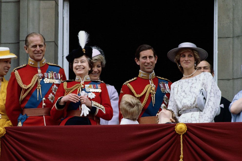 PHOTO: Queen Elizabeth II with (from left) Princess Anne, Prince Phillip, Princess Michael of Kent, Peter Phillips, Prince Charles and Diana, Princess of Wales at Buckingham Palace during the Trooping the Colour ceremony in London, June 11, 1983.