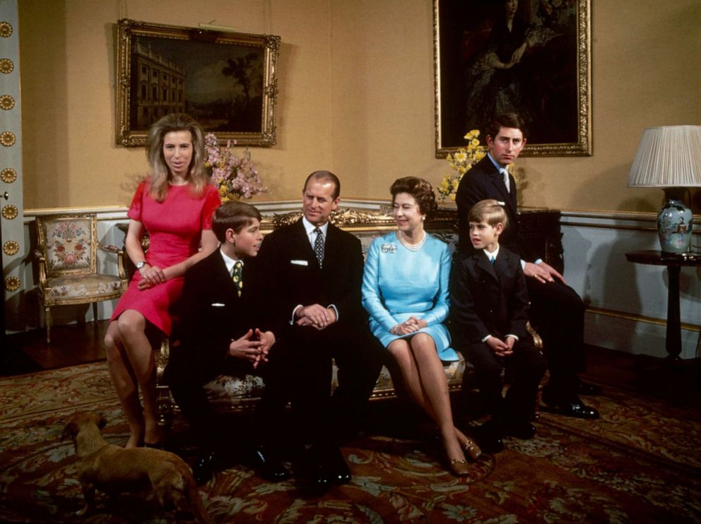 PHOTO: The Royal family at Buckingham Palace in London, 1972. Left to right: Princess Anne, Prince Andrew, Prince Philip, Queen Elizabeth, Prince Edward and Prince Charles.