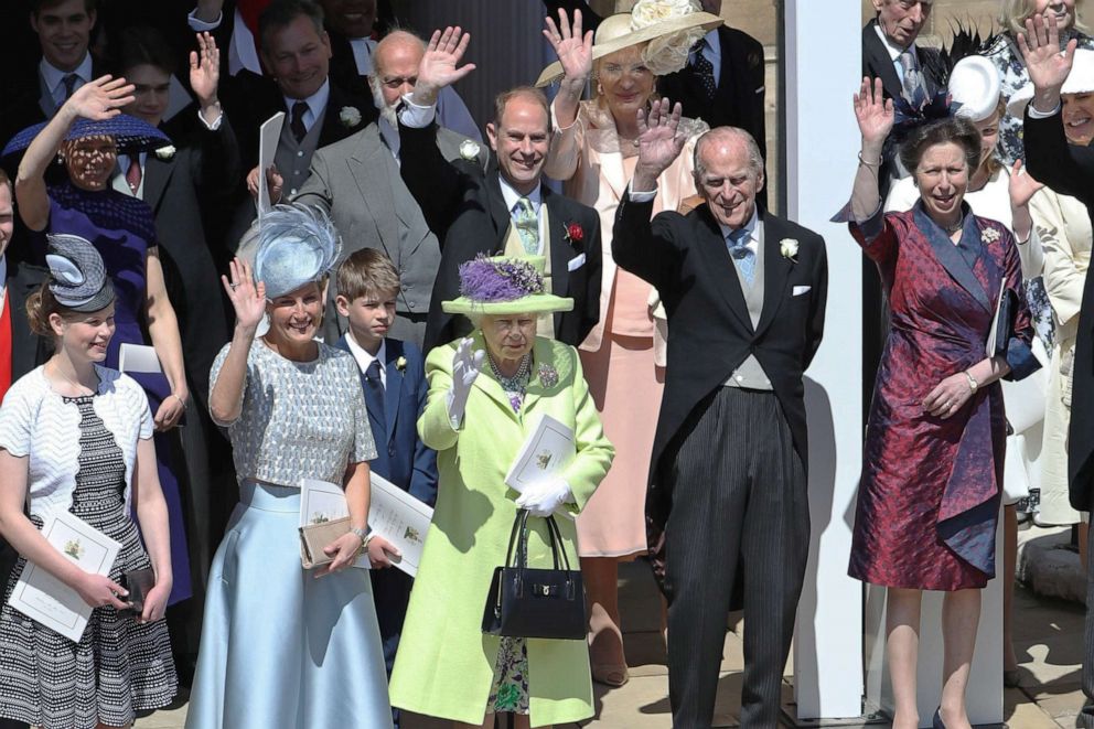 PHOTO: Queen Elizabeth II and several family members including grandchildren Lady Louise Windsor and James, Viscount Severn, attend the wedding of Prince Harry and Meghan Markle at St George's Chapel in Windsor Castle on May 19, 2018 in Windsor, England.