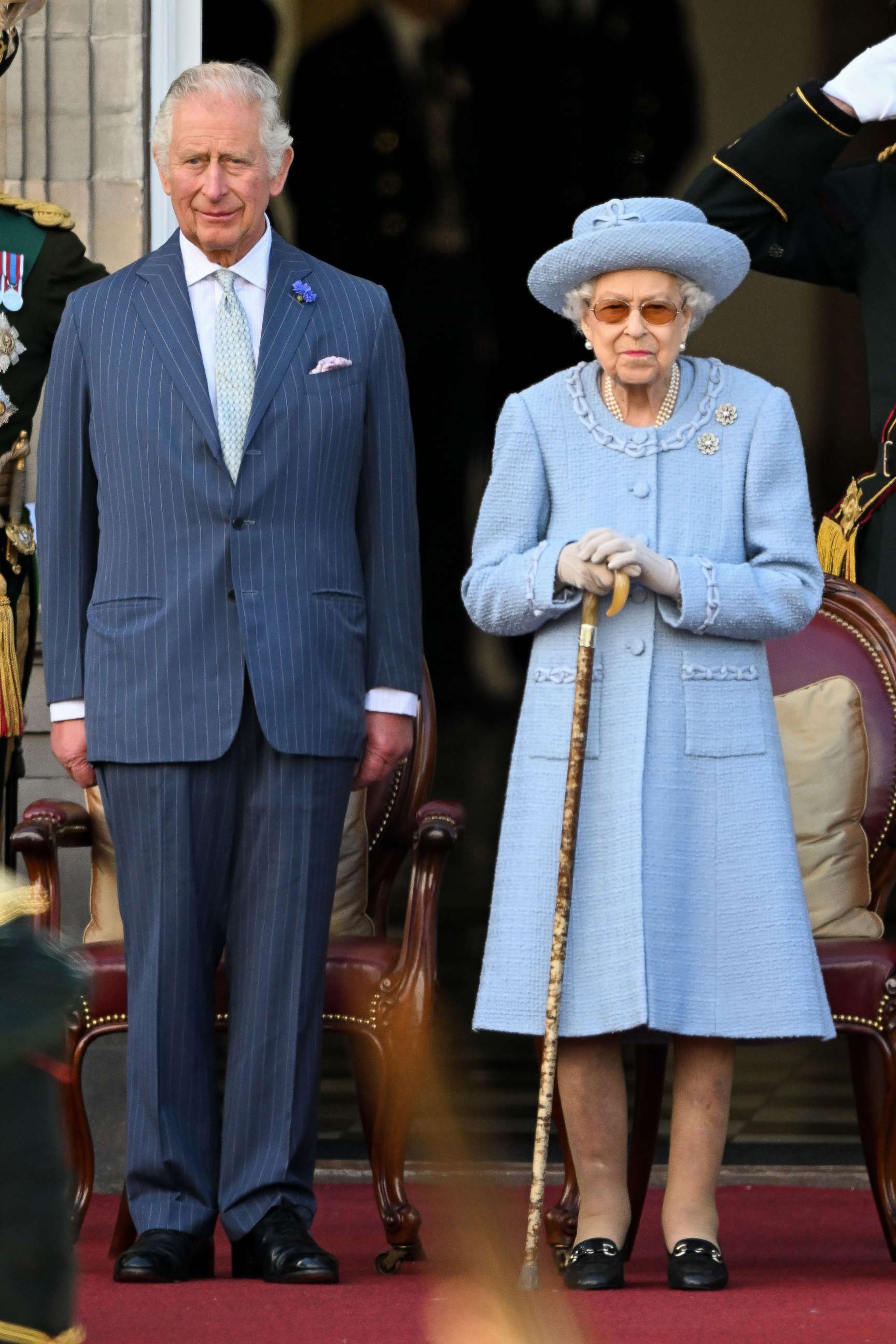 PHOTO: Prince Charles, Prince of Wales and Queen Elizabeth II attend the Royal Company of Archers Reddendo Parade in the gardens of the Palace of Holyroodhouse, Edinburgh U.K., June 30, 2022.