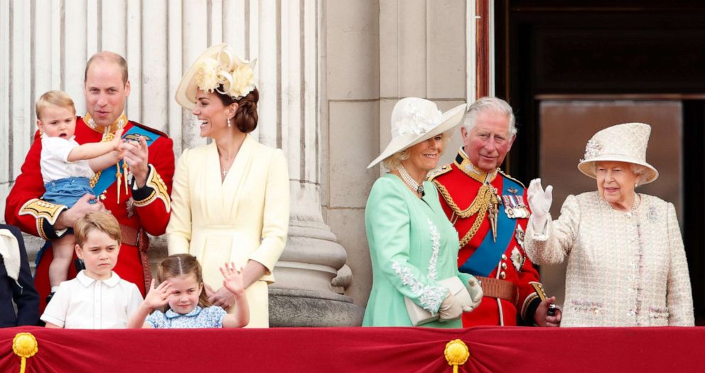 PHOTO: Prince William, the Duchess of Cambridge, Prince Louis, Prince George, Princess Charlotte, the Duchess of Cornwall, Prince Charles and Queen Elizabeth II watch a flypast from Buckingham Palace during Trooping The Colour, June 8, 2019, in London.