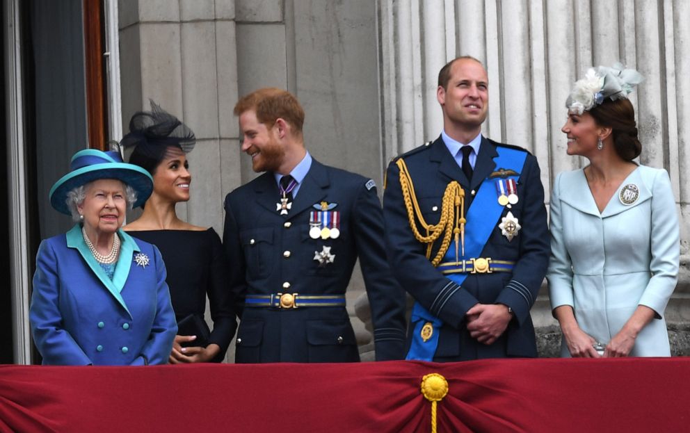 PHOTO: In this July 10, 2018, photo, Queen Elizabeth II, Meghan, Duchess of Sussex, Prince Harry, Duke of Sussex, Prince William, Duke of Cambridge and Catherine, Duchess of Cambridge stand on the balcony of Buckingham Palace to view a flypast in London.