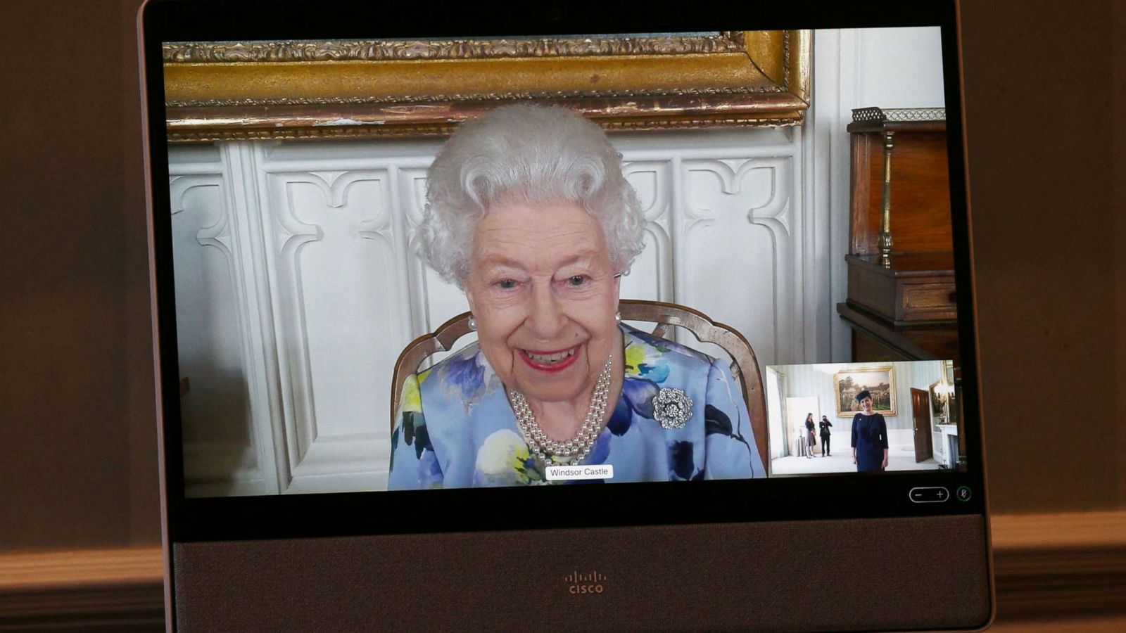 PHOTO: Britain's Queen Elizabeth II looks on as she is relayed via a videolink from Windsor Castle during a virtual audience at Buckingham Palace on April 27, 2021 in London.