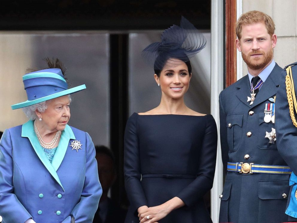 PHOTO: Queen Elizabeth II, Prince Harry, Duke of Sussex and Meghan, Duchess of Sussex on the balcony of Buckingham Palace as the Royal family attend events to mark the Centenary of the RAF, July 10, 2018, in London.