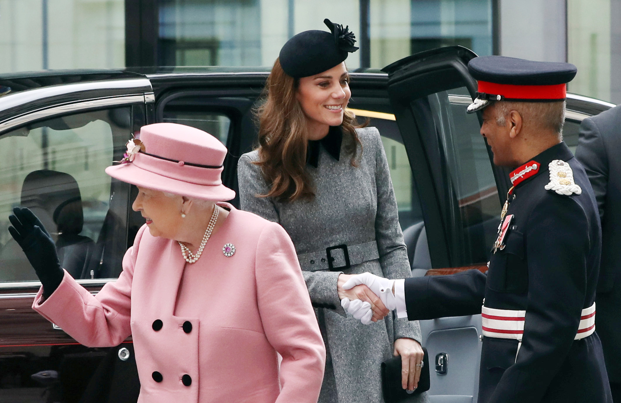 PHOTO: Britain's Queen Elizabeth and Catherine, Duchess of Cambridge arrive to open Bush House at King's College London, March 19, 2019.