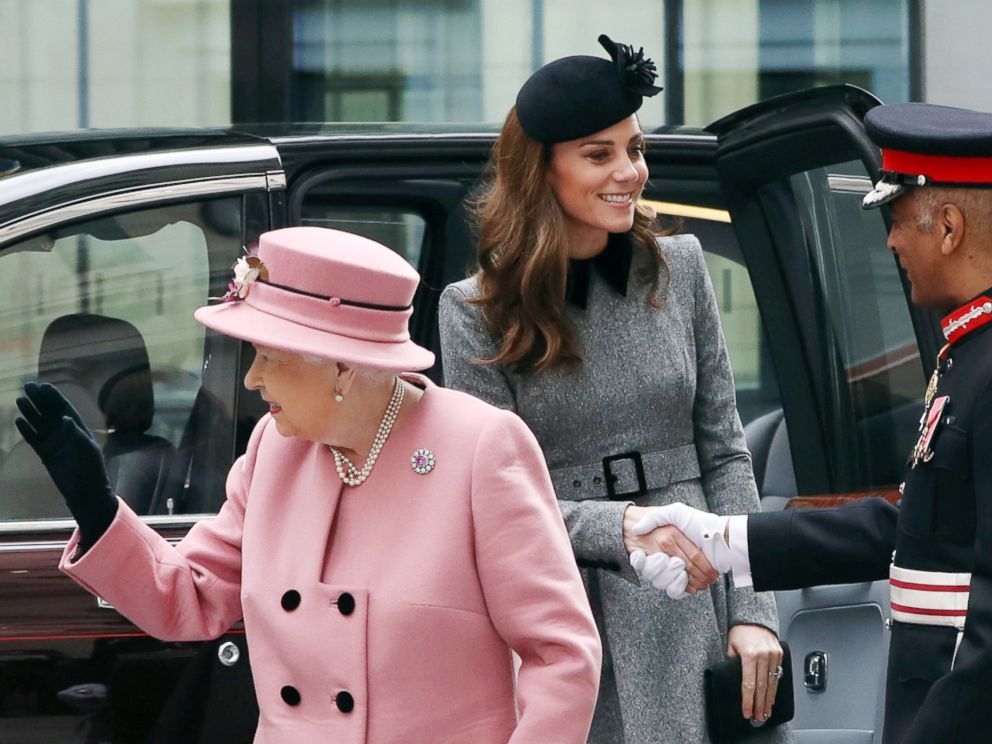 PHOTO: Britains Queen Elizabeth and Catherine, Duchess of Cambridge arrive to open Bush House at Kings College London, March 19, 2019.