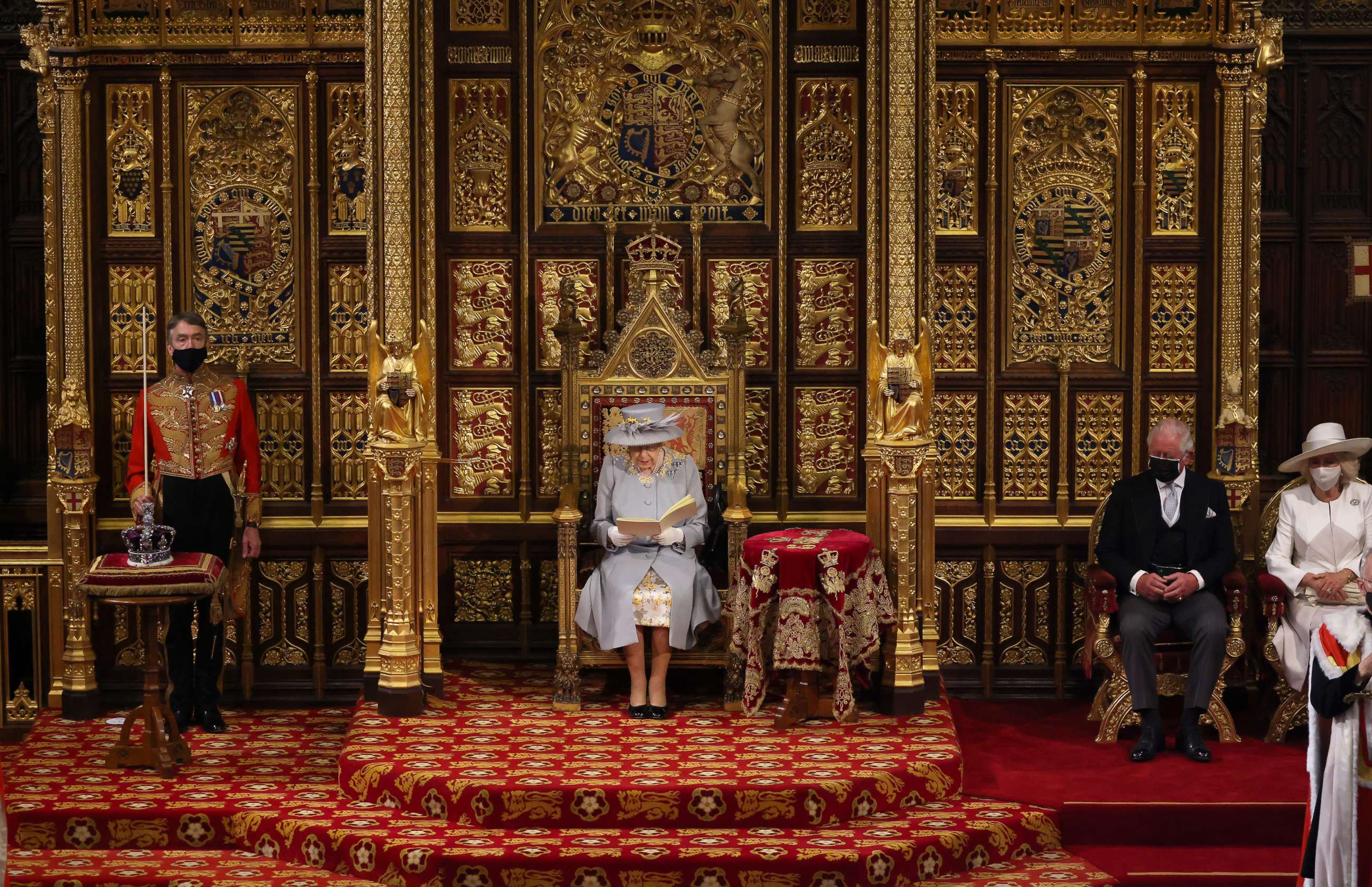PHOTO: Queen Elizabeth II delivers the Queen's Speech in the House of Lord's Chamber during the State Opening of Parliament at the House of Lords on May 11, 2021, in London.