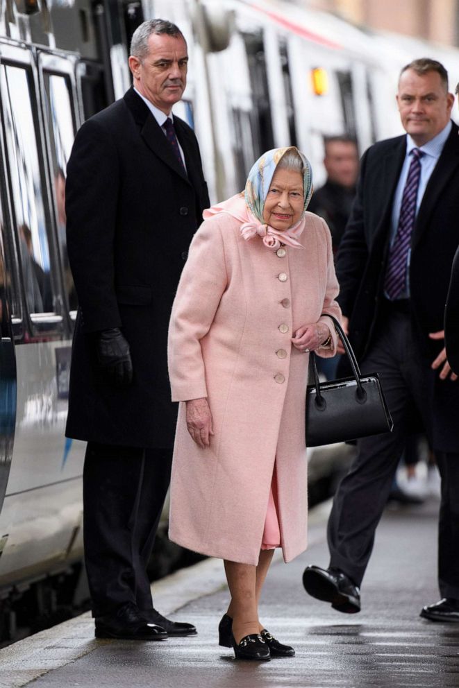 PHOTO: Queen Elizabeth II arrives at King's Lynn station in Sandringham, Norfolk, Dec. 20,  2019.