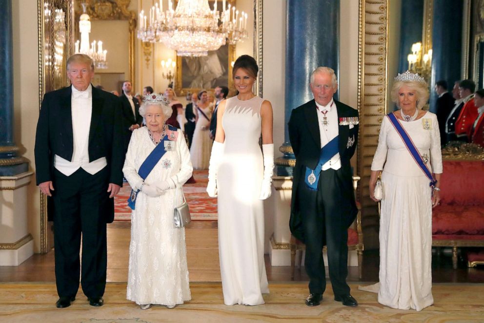 PHOTO: President Donald Trump, Queen Elizabeth, first lady Melania Trump, Prince Charles and Camilla, the Duchess of Cornwall pose for the media ahead of the State Banquet at Buckingham Palace in London, June 3, 2019. 