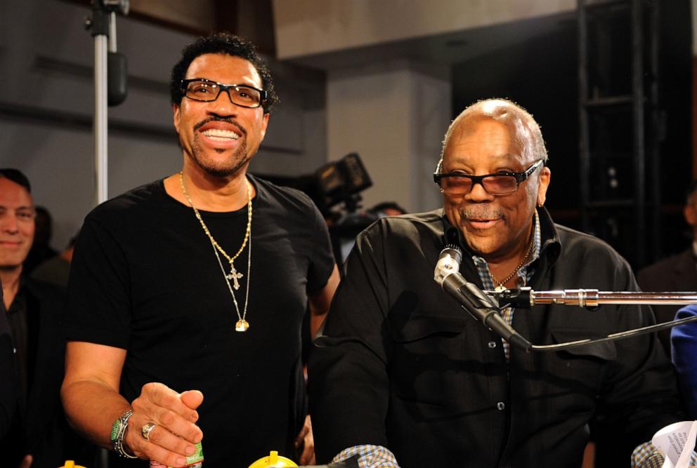 PHOTO: Lionel Richie and producer Quincy Jones at the "We Are The World 25 Years for Haiti" recording session held at Jim Henson Studios on February 1, 2010 in Hollywood, California.