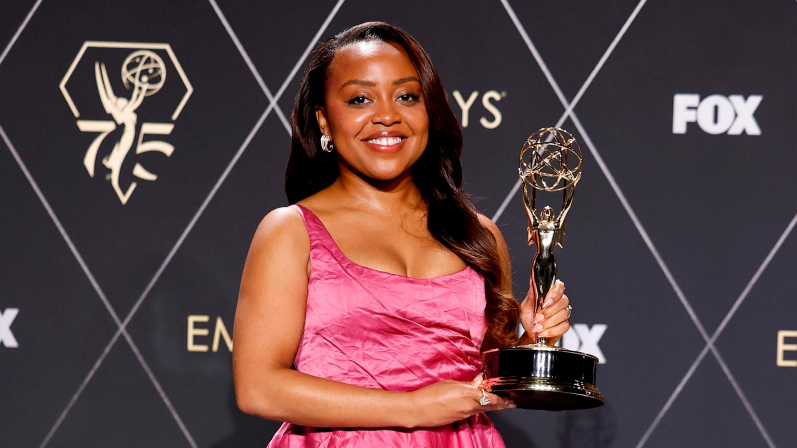 PHOTO: Quinta Brunson, winner of the Outstanding Lead Actress in a Comedy Series award for "Abbott Elementary," poses in the press room during the 75th Primetime Emmy Awards at Peacock Theater, Jan. 15, 2024, in Los Angeles.