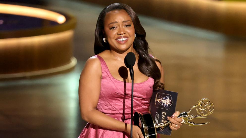 PHOTO: Quinta Brunson accepts the Outstanding Lead Actress in a Comedy Series award for "Abbott Elementary" onstage during the 75th Primetime Emmy Awards at Peacock Theater on Jan. 15, 2024 in Los Angeles.