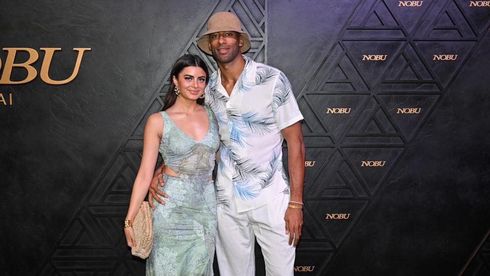 PHOTO: Rachael Kirkconnell and Matt James attend the star-studded Sake Ceremony hosted by Nobu Matsuhisa and Meir Teper to inaugurate the Grand Opening of Nobu Dubai, at Atlantis The Palm, on Jan. 20, 2023 in Dubai.