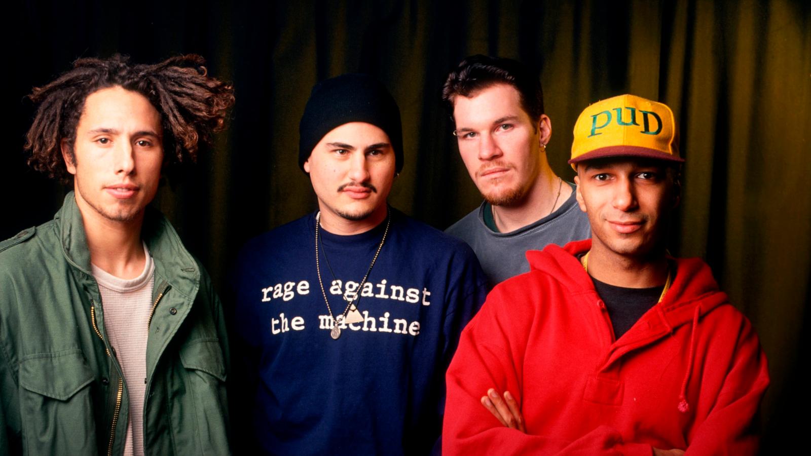 PHOTO: Portrait of band, Rage Against The Machine, from left; Zack De La Rocha, Tim Commerford, Brad Wilk, Tom Morello, Vaartkapoen, taken in Brussel, Belgium, February 6, 1993.