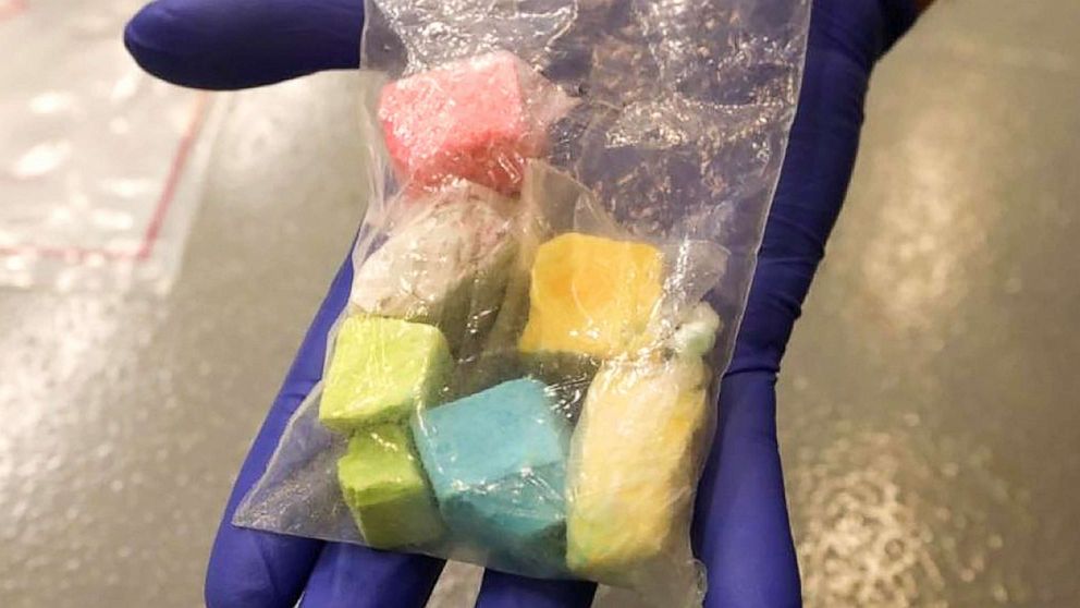 PHOTO: Examples of brightly-colored fentanyl cubes resembling sidewalk chalk that is being seized by the DEA.