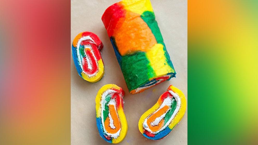 PHOTO: Chef Jason Goldstein shares his recipe for rainbow tie-dye Swiss roll cake.