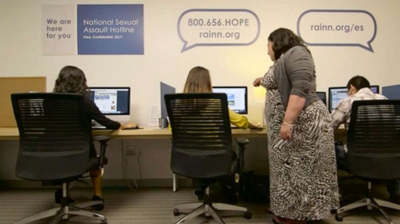 PHOTO: Employees and volunteers answer calls to the National Sexual Assault Hotline operated by RAINN.