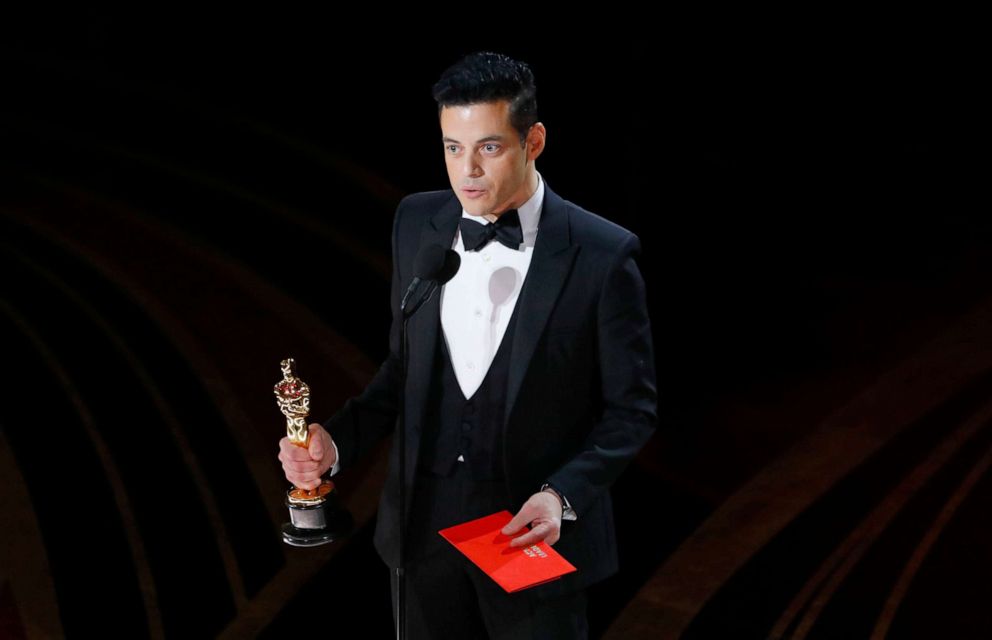 PHOTO: In this Feb. 24, 2019, file photo, Rami Malek reacts while holding his Oscar after accepting the Best Actor award for his role in "Bohemian Rhapsody" at the 91st Academy Awards in Los Angeles.