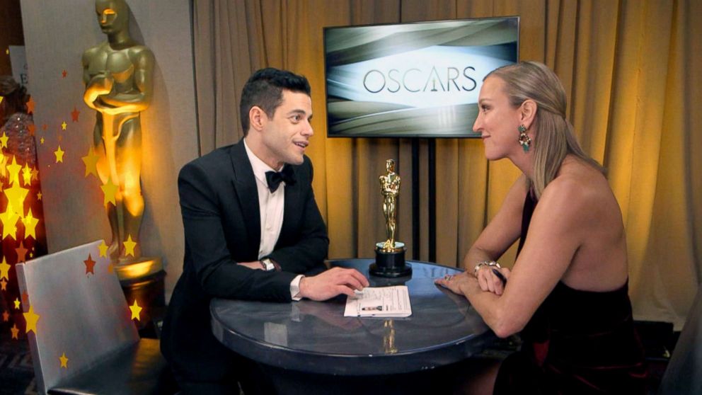 PHOTO: Rami Malek talks to ABC News after winning best actor for his role as Freddie Mercury in "Bohemian Rhapsody."