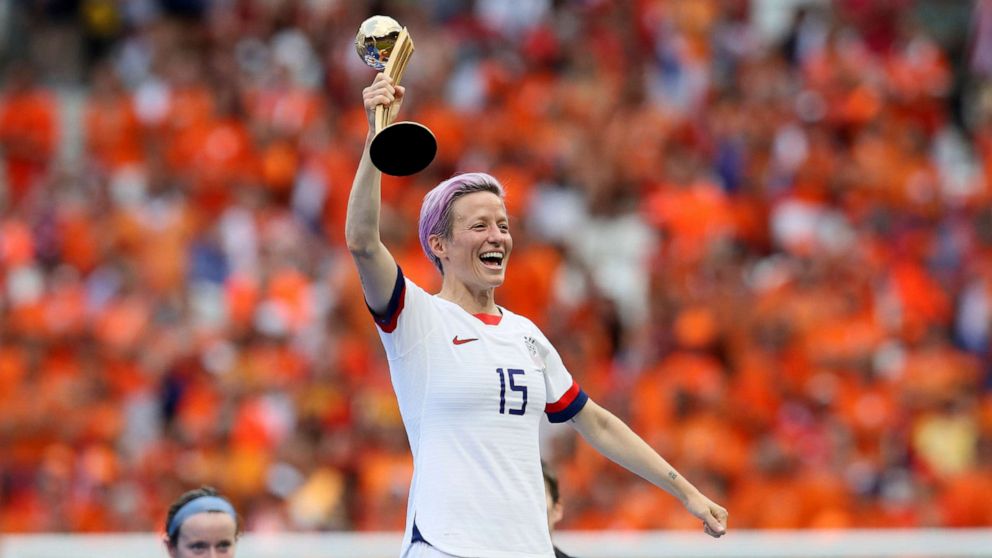 PHOTO: This July 7, 2019 file photo shows Megan Rapinoe celebrating her team's victory after the Women's World Cup final soccer match between U.S. and The Netherlands outside Lyon, France. 