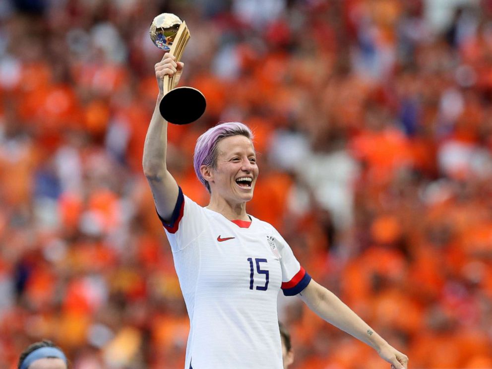 PHOTO: This July 7, 2019 file photo shows Megan Rapinoe celebrating her team's victory after the Women's World Cup final soccer match between U.S. and The Netherlands outside Lyon, France. 
