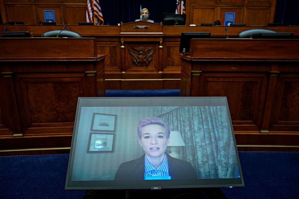 PHOTO: Megan Rapinoe of the U.S. Women's National Soccer Team testifies virtually during a House Oversight Committee hearing  on Capitol Hill on March 24, 2021, in Washington.