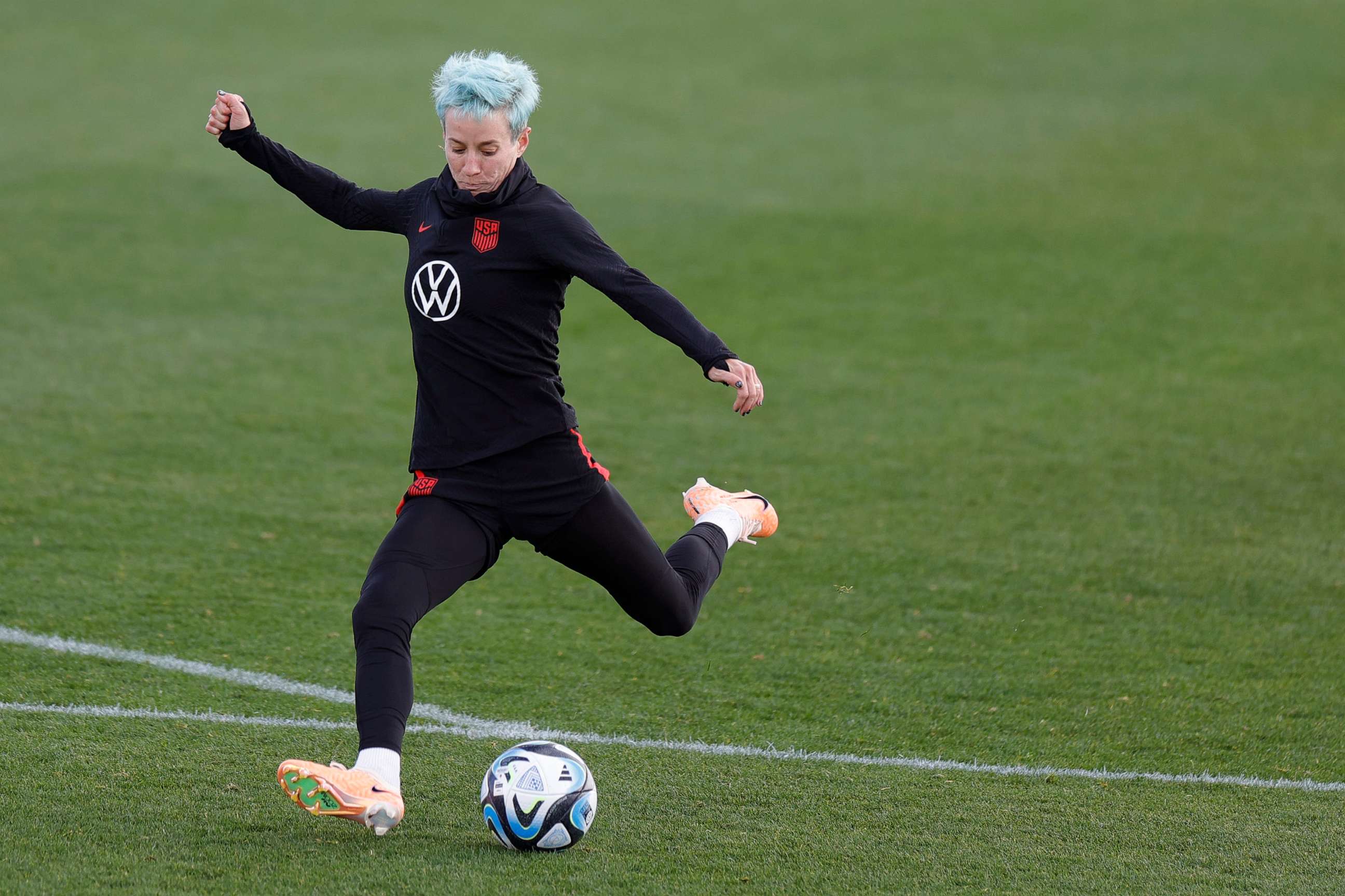 PHOTO: Megan Rapinoe #15 of the United States kicks the ball during training on July 18, 2023 in Auckland, New Zealand.