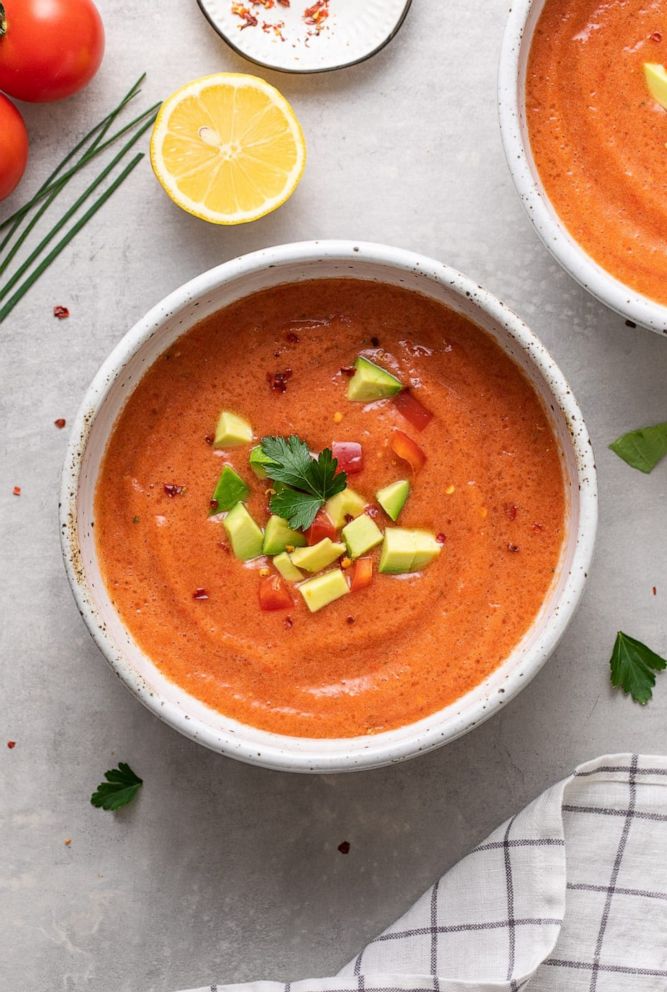 PHOTO: A raw tomato and red pepper chilled soup with lemon, herbs and avocado.