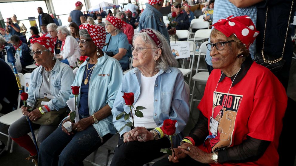 PHOTO: In this Aug. 10, 2019, file photo, original Rosie the Riveters Willa Thomas, Beatrice Mitchell, Mabel Gallagher and Jessie Santos, from right, take part in the 5th Annual Rosie Rally Home Front Festival in Richmond, Calif.