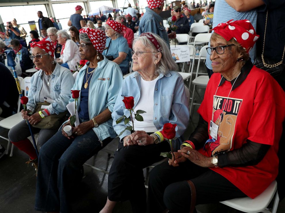 PHOTO: In this Aug. 10, 2019, file photo, original Rosie the Riveters Willa Thomas, Beatrice Mitchell, Mabel Gallagher and Jessie Santos, from right, take part in the 5th Annual Rosie Rally Home Front Festival in Richmond, Calif.