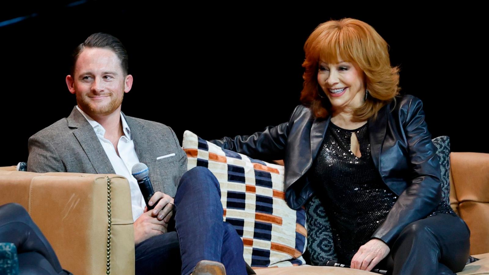 PHOTO: Shelby Blackstock and Reba McEntire speak during Not That Fancy: An Evening With Reba & Friends, Nov. 5, 2023, in Nashville, Tenn.