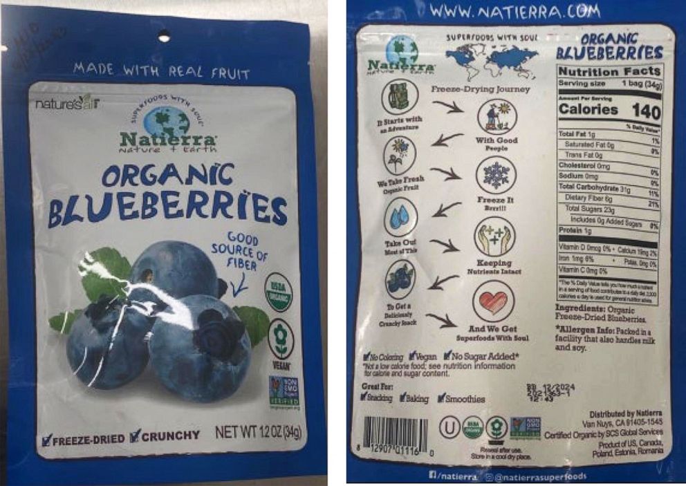 PHOTO: The FDA issued a recall for Natierra Organic Freeze-Dried Blueberries, July 14, 2022.