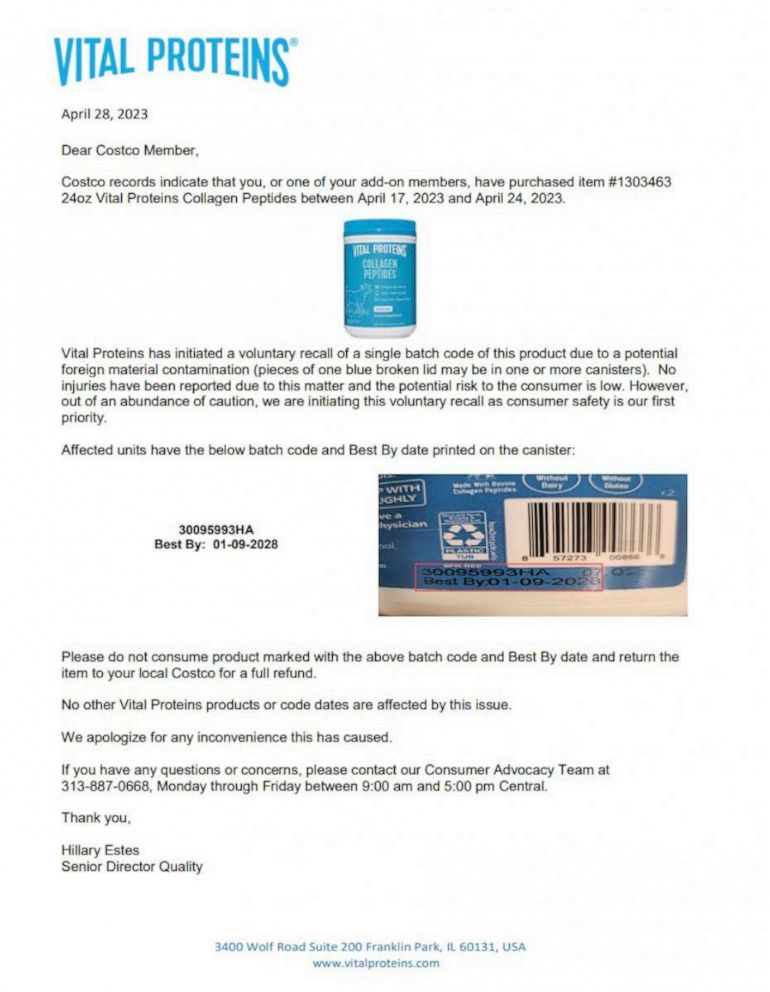 PHOTO: Costco initiated a recall notice of the affected Vital Proteins sold at the big box retailer seen here.