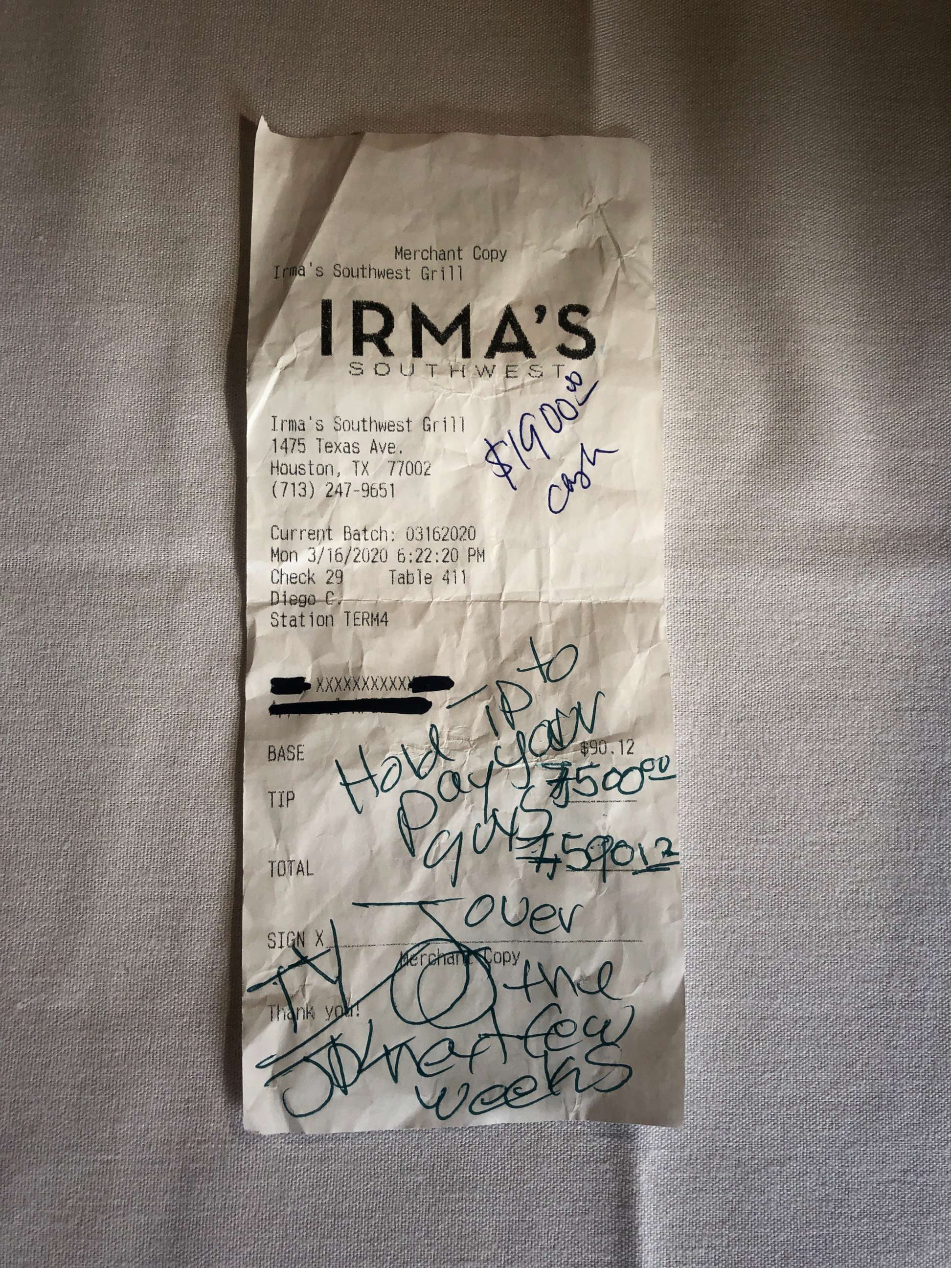 PHOTO: An anonymous couple left a $9,400 tip at Irma's Southwest Restaurant to help staff during coronavirus.