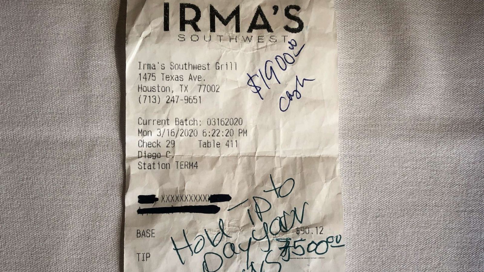 PHOTO: An anonymous couple left a $9,400 tip at Irma's Southwest Restaurant to help staff during coronavirus.