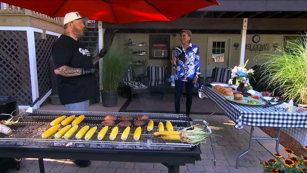 PHOTO: Chef RJ Rusgrove shares his recipe for Nacho Burgers and Kicked-Up Street Corn with Robin Roberts on "Good Morning America" on July 6, 2020.
