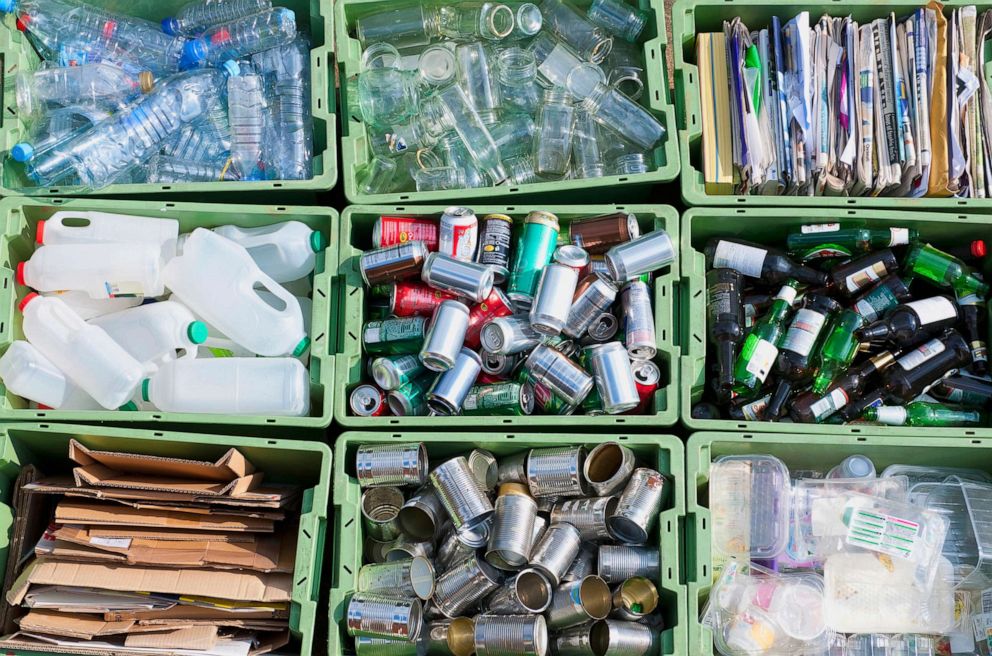 PHOTO: Recyclable materials organized by type in bins.