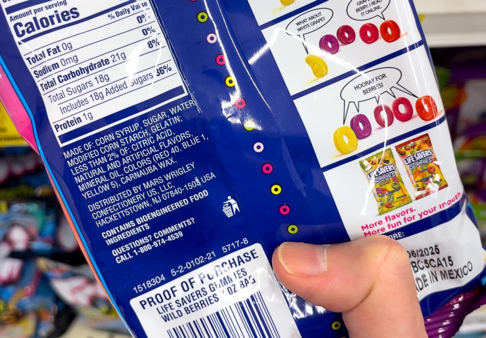 PHOTO: A candy ingredients label featuring artificial food dyes including colors Red 40, Blue 2, and Yellow 5 is shown on Dec. 16, 2024, in Atlanta.