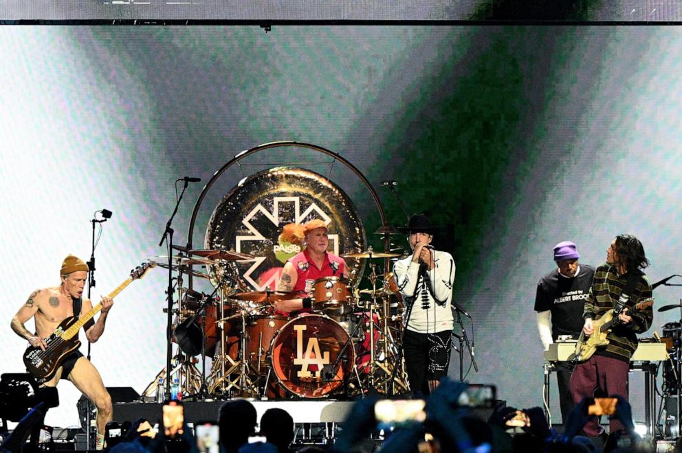 PHOTO: Flea, Chad Smith, Anthony Kiedis, and John Frusciante of Red Hot Chili Peppers perform onstage during the FIREAID Benefit Concert for California Fire Relief at The Kia Forum on Jan. 30, 2025 in Inglewood, California. 