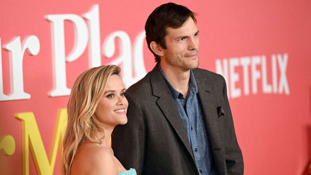 PHOTO: US actors Reese Witherspoon and Ashton Kutcher arrive for the world premiere of "Your Place or Mine" at the Regency Village Theater in Los Angeles, Feb. 2, 2023.