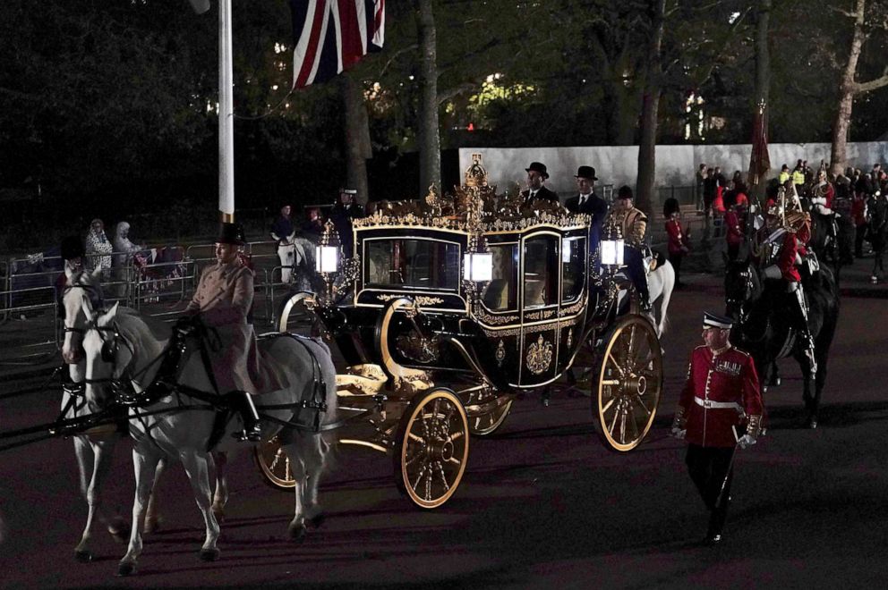 PHOTO: The Diamond Jubilee State Coach is led in a procession rehearsal near Buckingham Palace in central London, early Wednesday, May 3, 2023, for the coronation of King Charles III, which will take place at Westminster Abbey on Saturday, May 6.