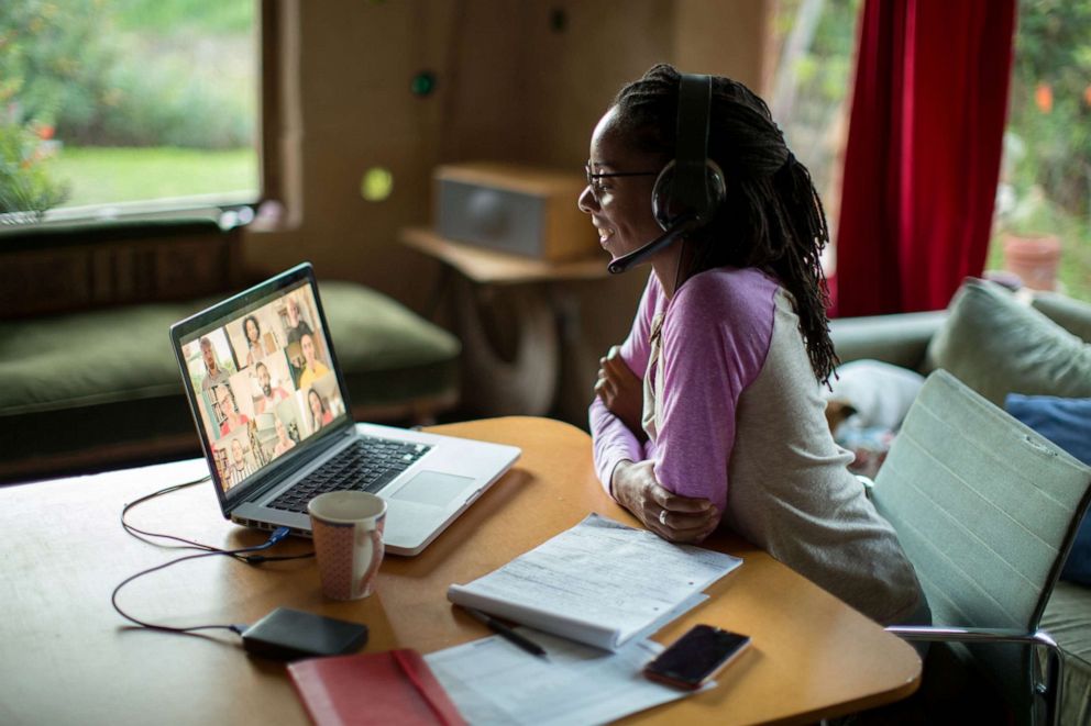 PHOTO: A woman uses a laptop for a video conference in this stock photo.