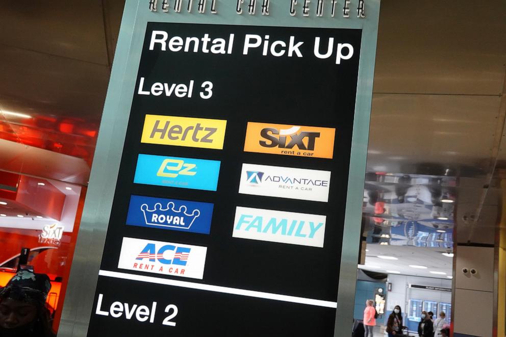 PHOTO: A sign indicates the rental pickup area at the Miami International Airport Car Rental Center on April 12, 2021 in Miami, Florida.