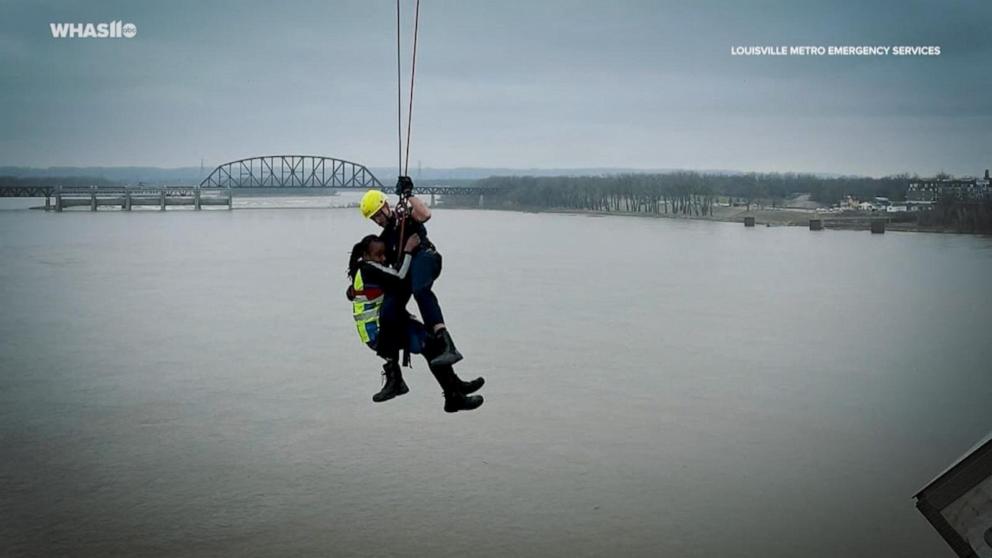 PHOTO: Sydney Thomas was rescued by Louisville Fire Department after the semi truck she was driving careened off the Clark Memorial Bridge.