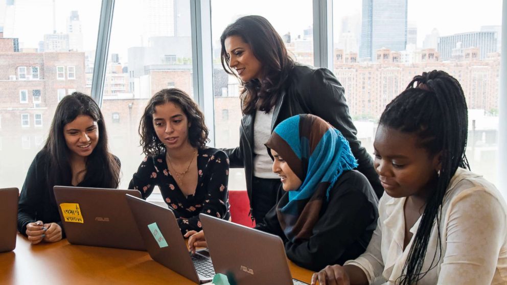 PHOTO: Girls Who Code Founder and CEO Reshma Saujani is photographed with participants at the IAC building in New York, July 25, 2018.