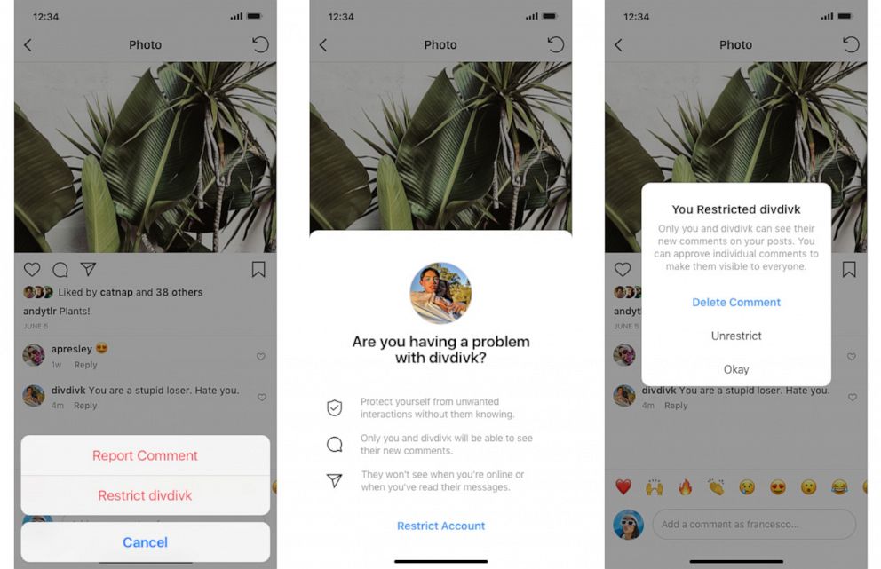 PHOTO: Instagram addresses bullying in new feature called "Restrict."