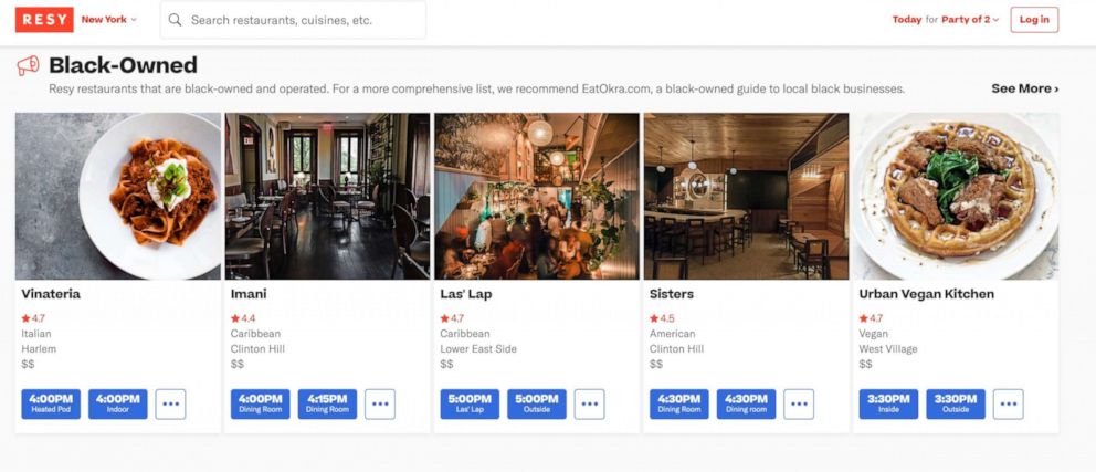 PHOTO: The Resy website highlights and filters Black-Owned businesses.